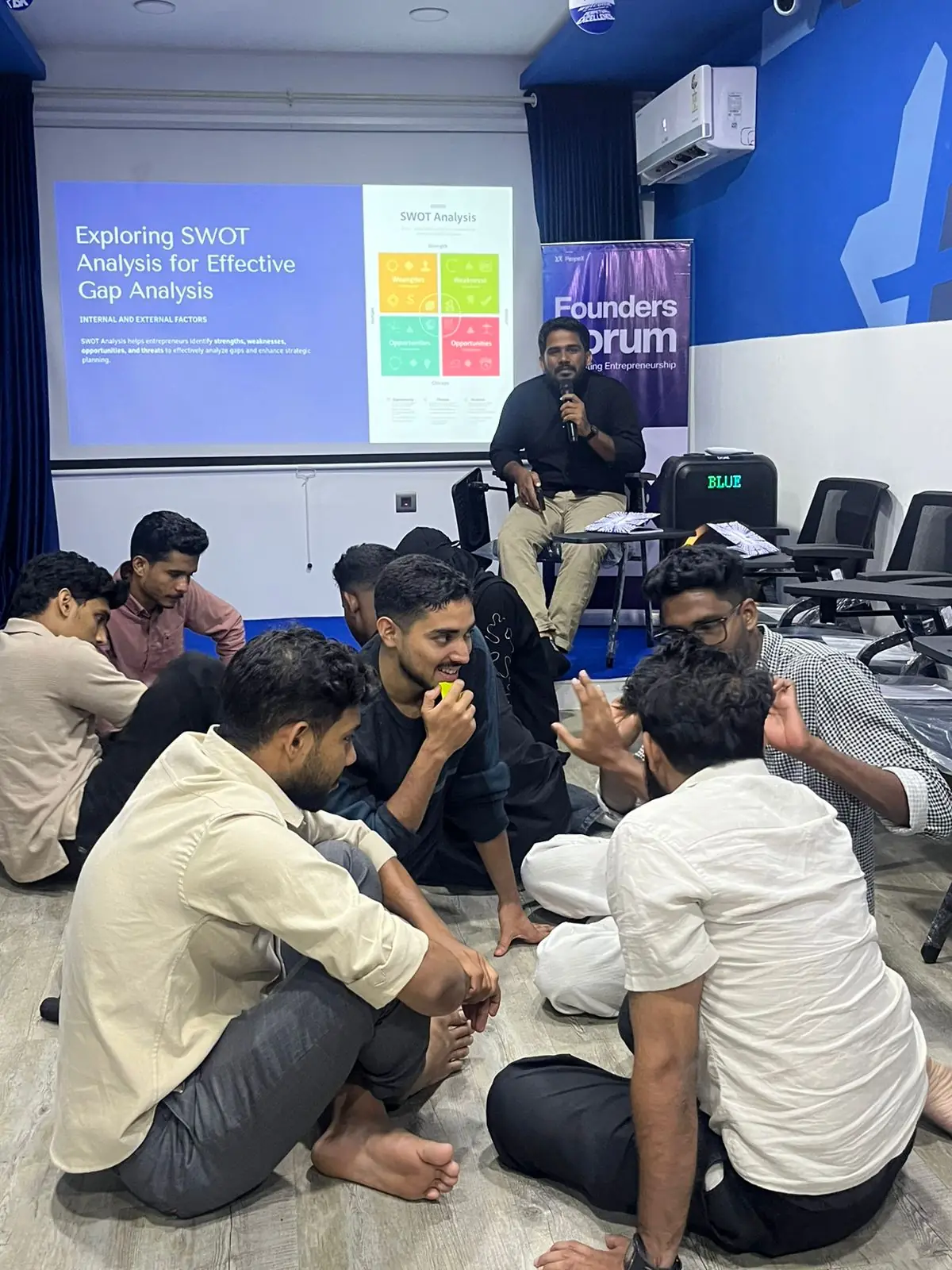 Students working through a SWOT analysis in an entrepreneurship workshop in Kozhikode