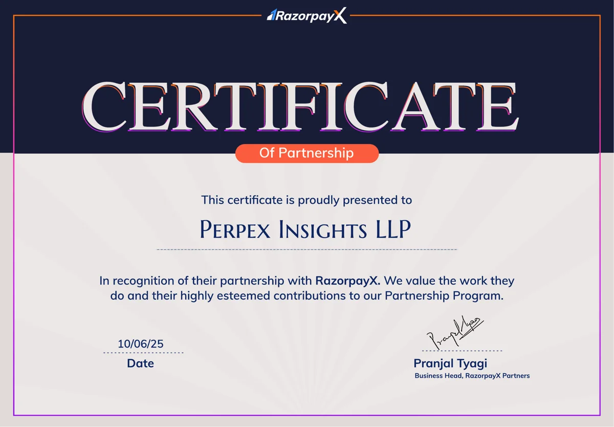 RazorpayX certificate of partnership awarded to Perpex Insights LLP
